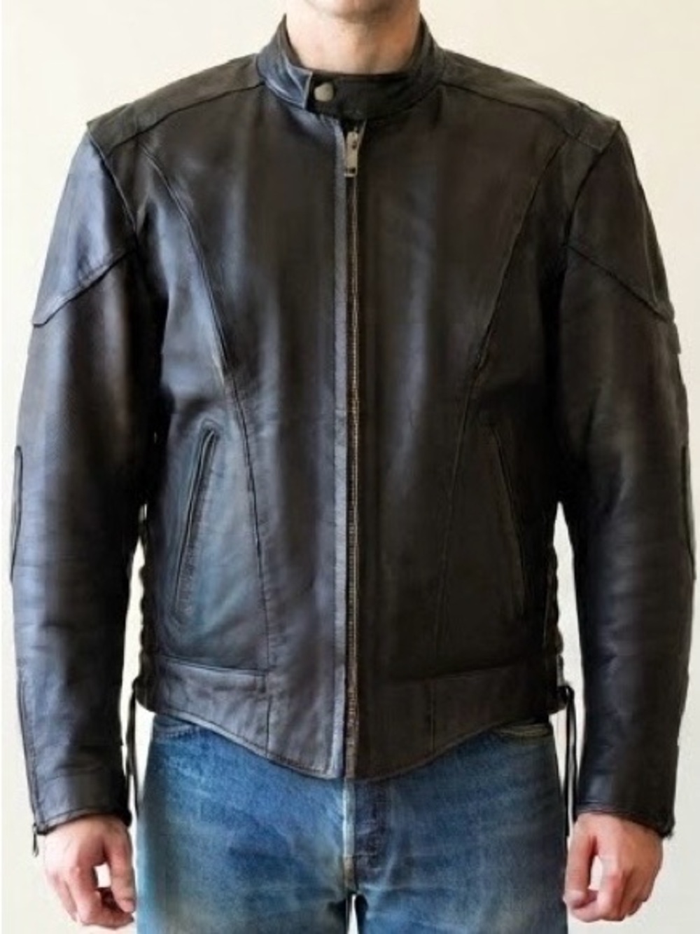 Hot Leathers Black Leather Motorcycle Jacket Removable Liner Eagle Patch Sz 44